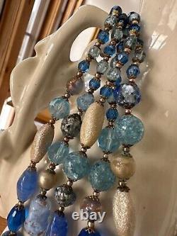 VIntage 1960s 5 strand Blue Aventurine Opaline Crystal Murano Art Glass Necklace