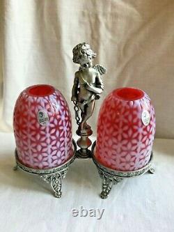 VTG Duel Fenton Cranberry Snowflake Opalescent Candle Lamps Angel Figural Stand