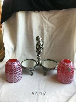 VTG Duel Fenton Cranberry Snowflake Opalescent Candle Lamps Angel Figural Stand