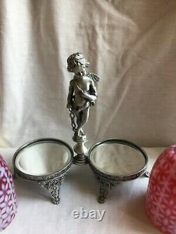VTG Duel Fenton Cranberry Snowflake Opalescent Candle Lamps Angel Figural Stand