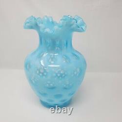 VTG Fenton Glass Light Blue Opalescent Coin Dot Tall Ruffled Vase Aqua Spot 9x5