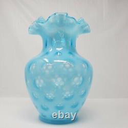 VTG Fenton Glass Light Blue Opalescent Coin Dot Tall Ruffled Vase Aqua Spot 9x5