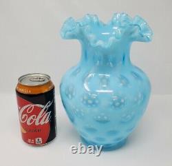 VTG Fenton Glass Light Blue Opalescent Coin Dot Tall Ruffled Vase Aqua Spot 9x5