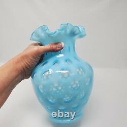 VTG Fenton Glass Light Blue Opalescent Coin Dot Tall Ruffled Vase Aqua Spot 9x5