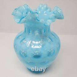 VTG Fenton Glass Light Blue Opalescent Coin Dot Tall Ruffled Vase Aqua Spot 9x5