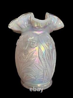 VTG Fenton White Carnival Glass Opalescent Pink Daffodil Vase Retired 5.5