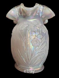 VTG Fenton White Carnival Glass Opalescent Pink Daffodil Vase Retired 5.5
