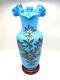 Vtg Opaline Blue Hand Blown Glass With Double Crimp Ruffle & Hand Painted Flowers