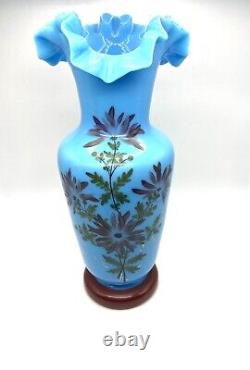 VTG Opaline Blue Hand Blown Glass With Double Crimp Ruffle & Hand Painted Flowers