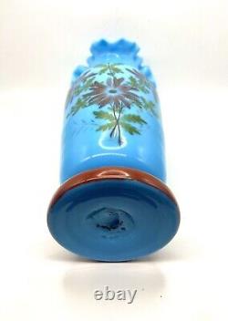 VTG Opaline Blue Hand Blown Glass With Double Crimp Ruffle & Hand Painted Flowers