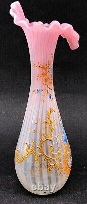 Vase Art Glass Bud Pink Ruffle Gold Flower Victorian Opalescent Antique