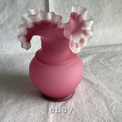 Vase Satin Cranberry Pink Opalescent Cased Glass Ruffle Top 10 Art Glass Vtg
