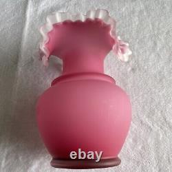 Vase Satin Cranberry Pink Opalescent Cased Glass Ruffle Top 10 Art Glass Vtg