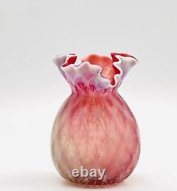Victorian Glass Vase Satin With Ruffle Rim Crimp Edges Opalescent Over Red/Clear