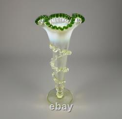 Victorian Green Vaseline Opalescent & Tip Glass Floral Trumpet Vase Ruffled Rim