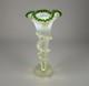 Victorian Green Vaseline Opalescent & Tip Glass Floral Trumpet Vase Ruffled Rim