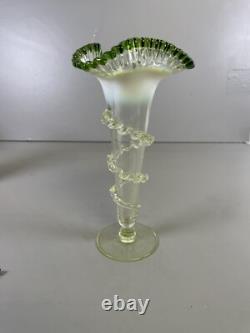 Victorian Green Vaseline Opalescent & Tip Glass Floral Trumpet Vase Ruffled Rim