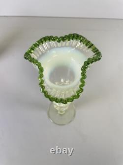 Victorian Green Vaseline Opalescent & Tip Glass Floral Trumpet Vase Ruffled Rim