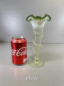 Victorian Green Vaseline Opalescent & Tip Glass Floral Trumpet Vase Ruffled Rim