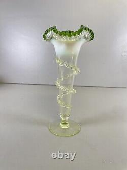 Victorian Green Vaseline Opalescent & Tip Glass Floral Trumpet Vase Ruffled Rim