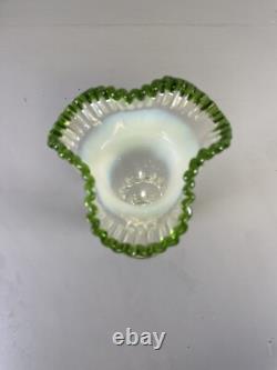 Victorian Green Vaseline Opalescent & Tip Glass Floral Trumpet Vase Ruffled Rim