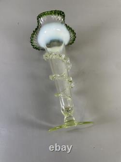 Victorian Green Vaseline Opalescent & Tip Glass Floral Trumpet Vase Ruffled Rim