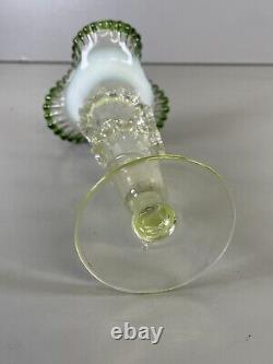 Victorian Green Vaseline Opalescent & Tip Glass Floral Trumpet Vase Ruffled Rim