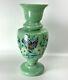 Victorian Hand Painted Butterfly Flowers Enameled Opaline Green Glass Vase