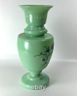 Victorian Hand Painted Butterfly Flowers Enameled Opaline Green Glass Vase