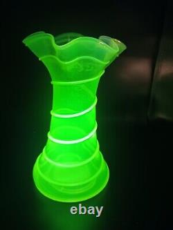 Victorian Opalescent Vaseline Glass Vase Powell & Sons Style Ruffled Rim Spiral
