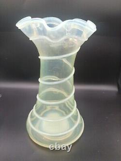 Victorian Opalescent Vaseline Glass Vase Powell & Sons Style Ruffled Rim Spiral
