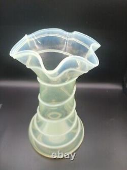 Victorian Opalescent Vaseline Glass Vase Powell & Sons Style Ruffled Rim Spiral
