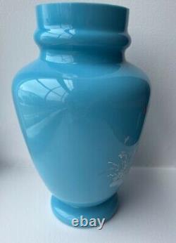 Victorian Opaline Art Glass Vase with Enamel Decoration Vintage Beautiful RARE