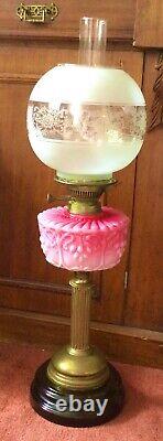 Victorian Pink Opaline Glass & Brass Column Art Nouveau Oil Lamp