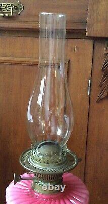 Victorian Pink Opaline Glass & Brass Column Art Nouveau Oil Lamp