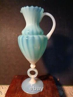 Vintage 15 tall BLUE OPALESCENT Swirled ART GLASS EWER PITCHER VASE