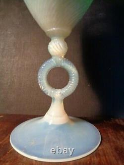 Vintage 15 tall BLUE OPALESCENT Swirled ART GLASS EWER PITCHER VASE