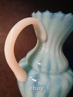 Vintage 15 tall BLUE OPALESCENT Swirled ART GLASS EWER PITCHER VASE