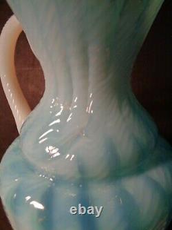 Vintage 15 tall BLUE OPALESCENT Swirled ART GLASS EWER PITCHER VASE