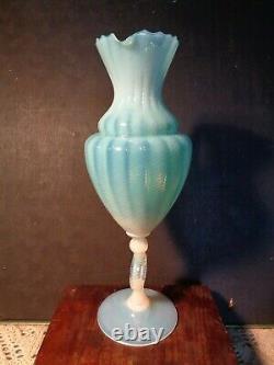 Vintage 15 tall BLUE OPALESCENT Swirled ART GLASS EWER PITCHER VASE