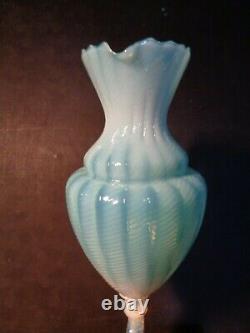 Vintage 15 tall BLUE OPALESCENT Swirled ART GLASS EWER PITCHER VASE