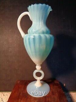 Vintage 15 tall BLUE OPALESCENT Swirled ART GLASS EWER PITCHER VASE
