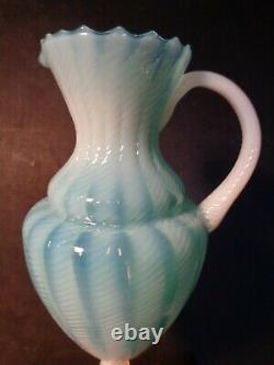 Vintage 15 tall BLUE OPALESCENT Swirled ART GLASS EWER PITCHER VASE