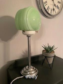 Vintage 1920s art deco chrome column lamp with green Opaline shade Rewired