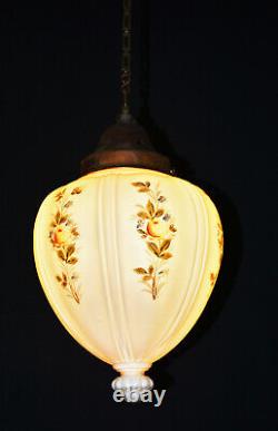 Vintage 1930s Art deco Opaline & bronze hand decorated School house pedant light