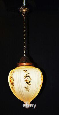 Vintage 1930s Art deco Opaline & bronze hand decorated School house pedant light