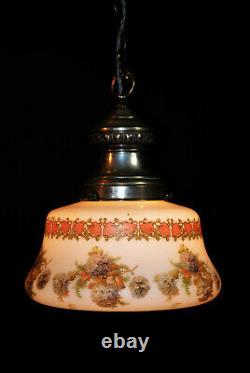 Vintage 1930s Art deco School house hand painted Opaline glass pendant light