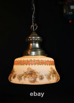 Vintage 1930s Art deco School house hand painted Opaline glass pendant light