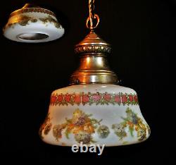 Vintage 1930s Art deco School house hand painted Opaline glass pendant light