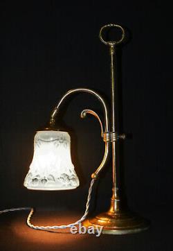 Vintage 1930s French art deco brass swan neck student lamp Opaline glass shade
